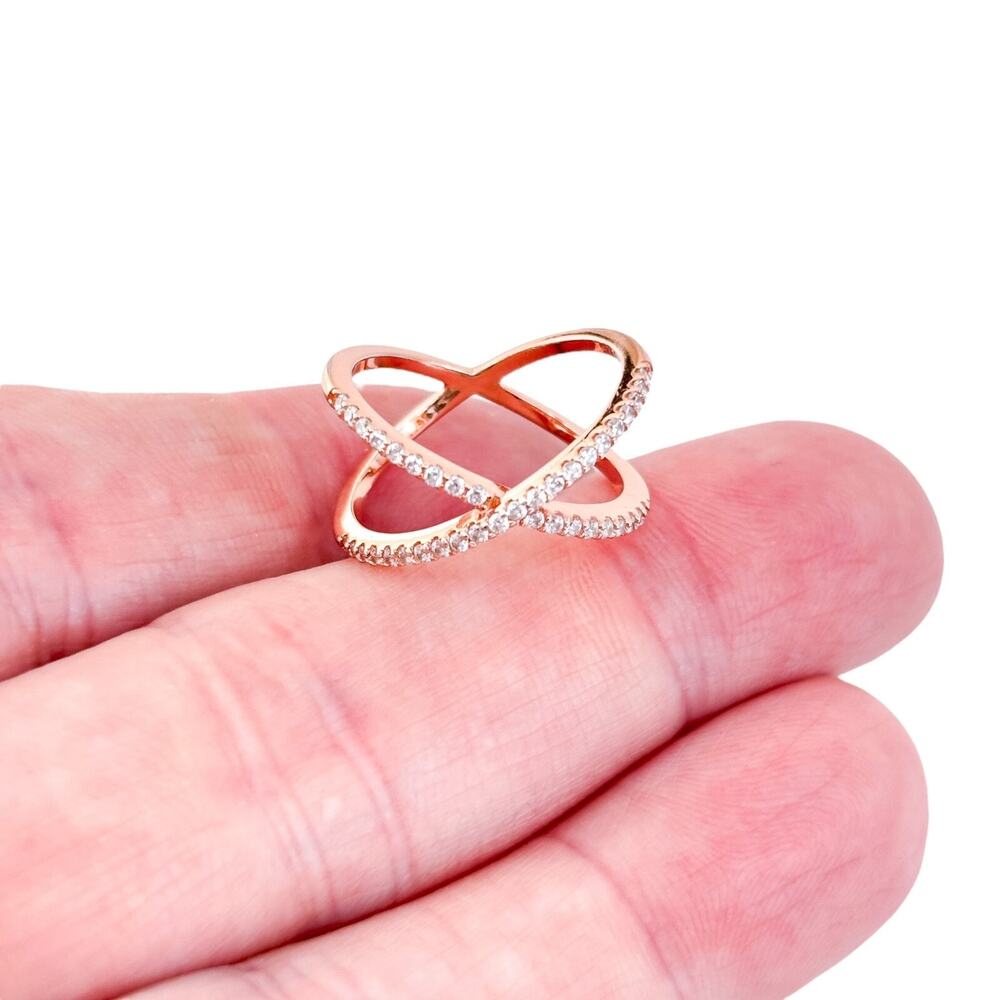 Vintage Sterling Silver Rose Gold Tone Cubic Zirconia X-Band Ring | Size 5.25